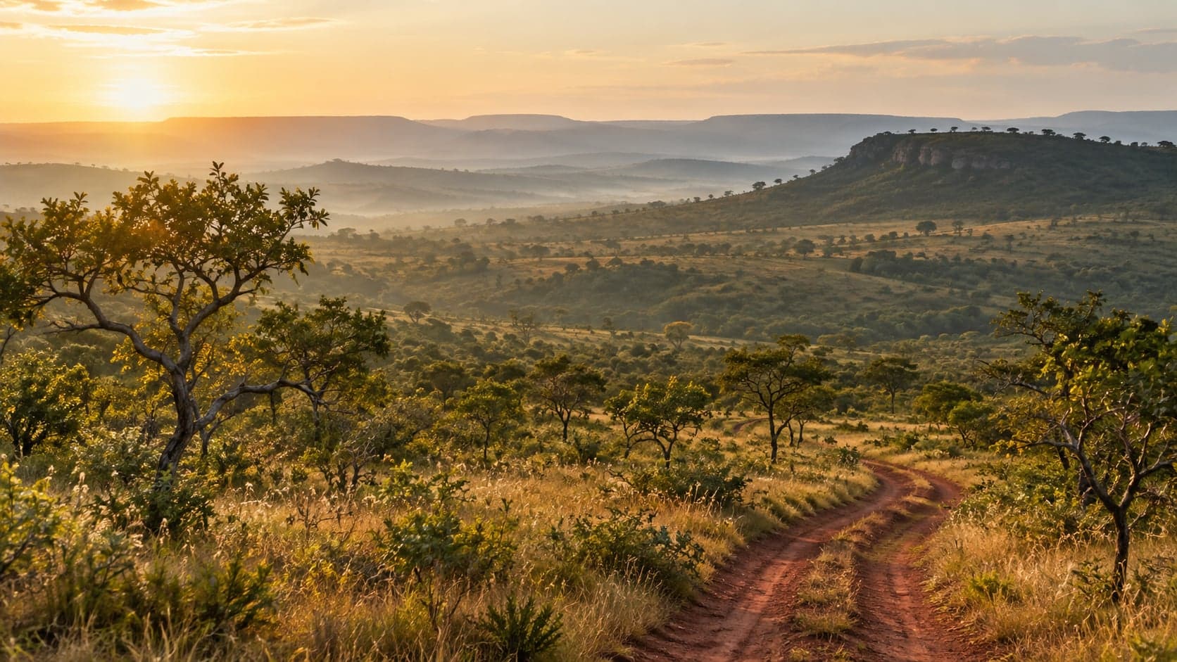 Rolling savanna hills with scattered trees and a winding red-earth track
