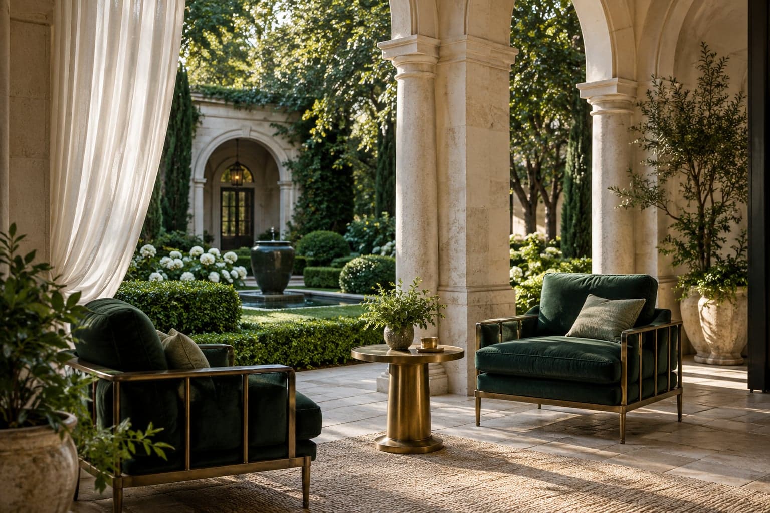 A quiet limestone courtyard with green lounge chairs and a leafy garden