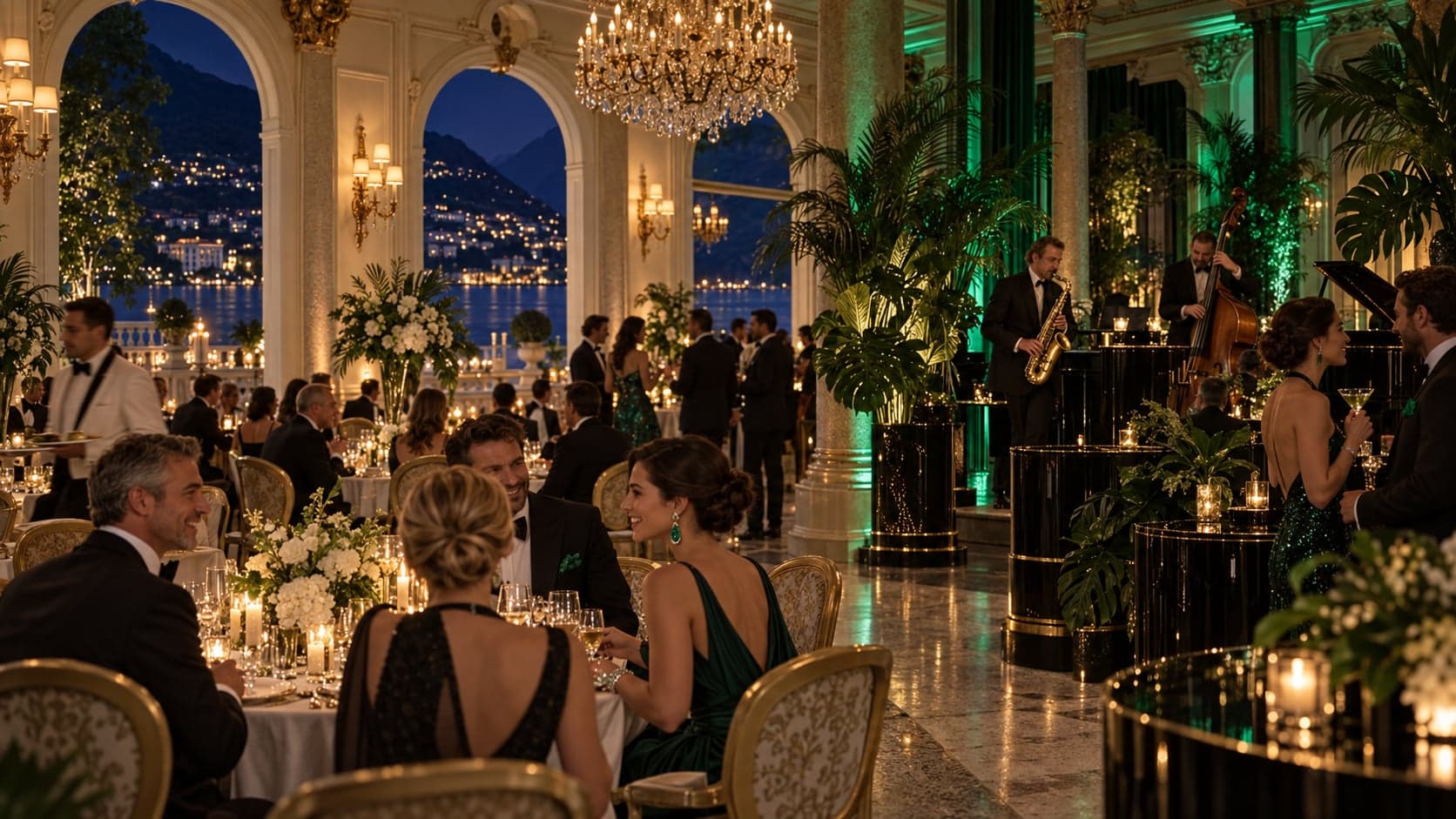 An illustrative lakeside gala with guests in green and a live jazz ensemble