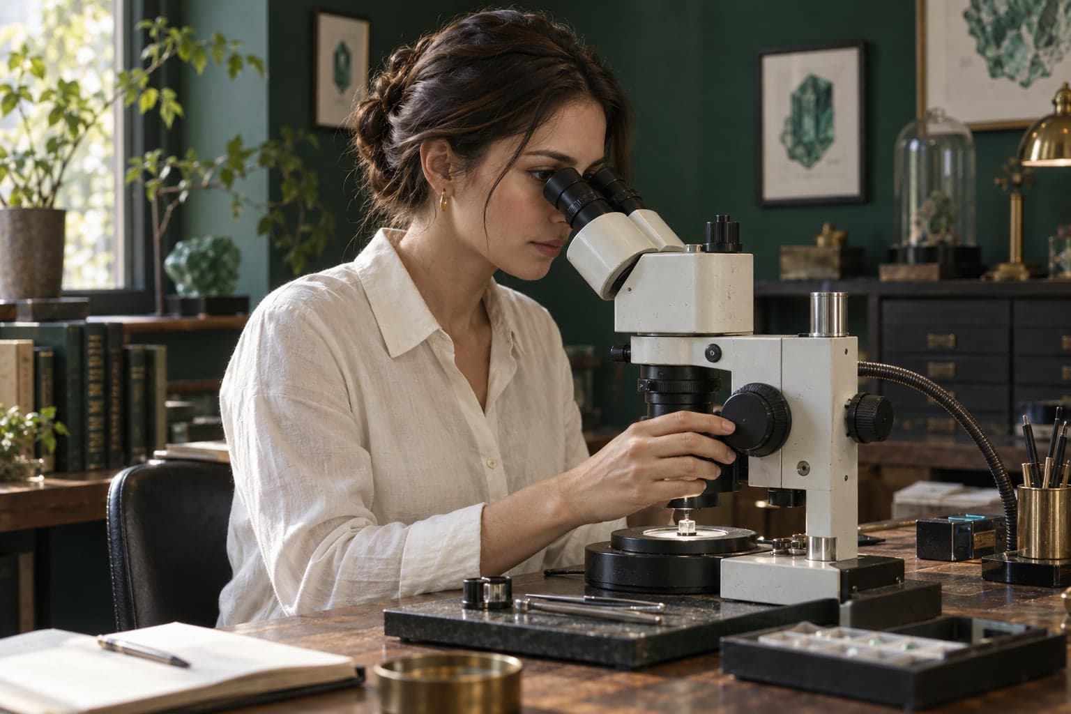 A gemologist looking through a binocular microscope at a naturally lit workbench