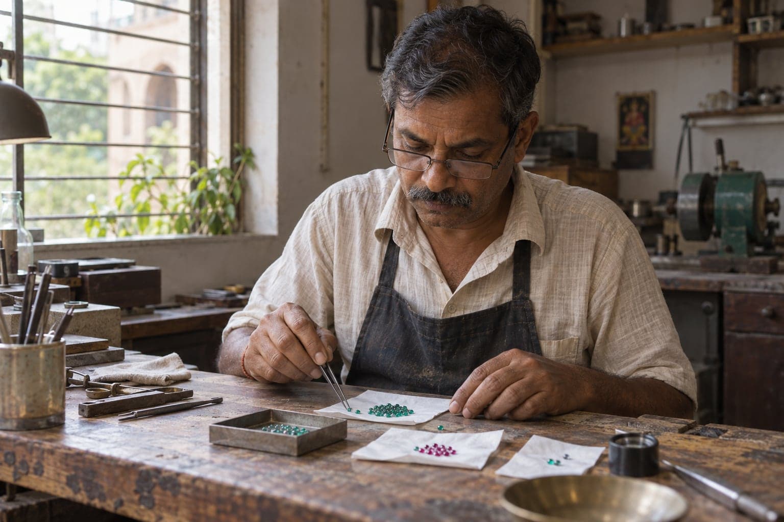 An artisan using tweezers to sort small coloured gemstones at a well-used wooden workbench