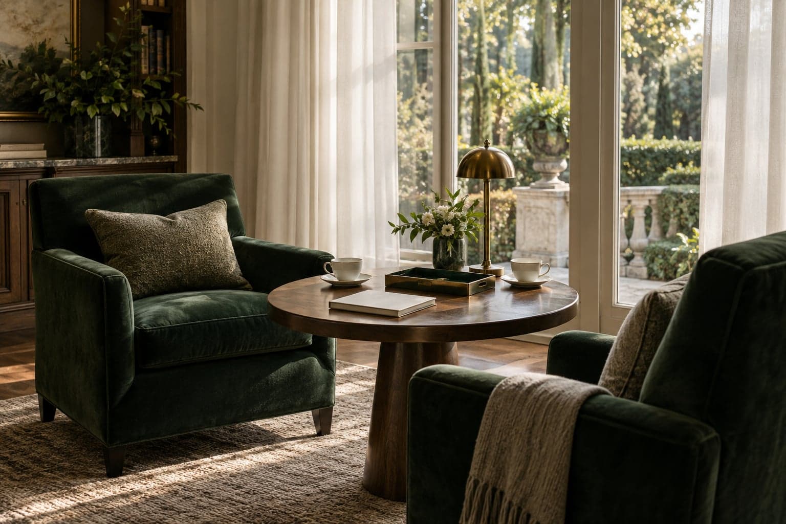 Green lounge chairs and a table prepared for a quiet private conversation