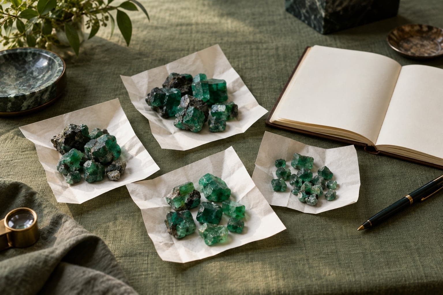 Four parcels of rough emeralds on folded papers beside an open notebook on green cloth