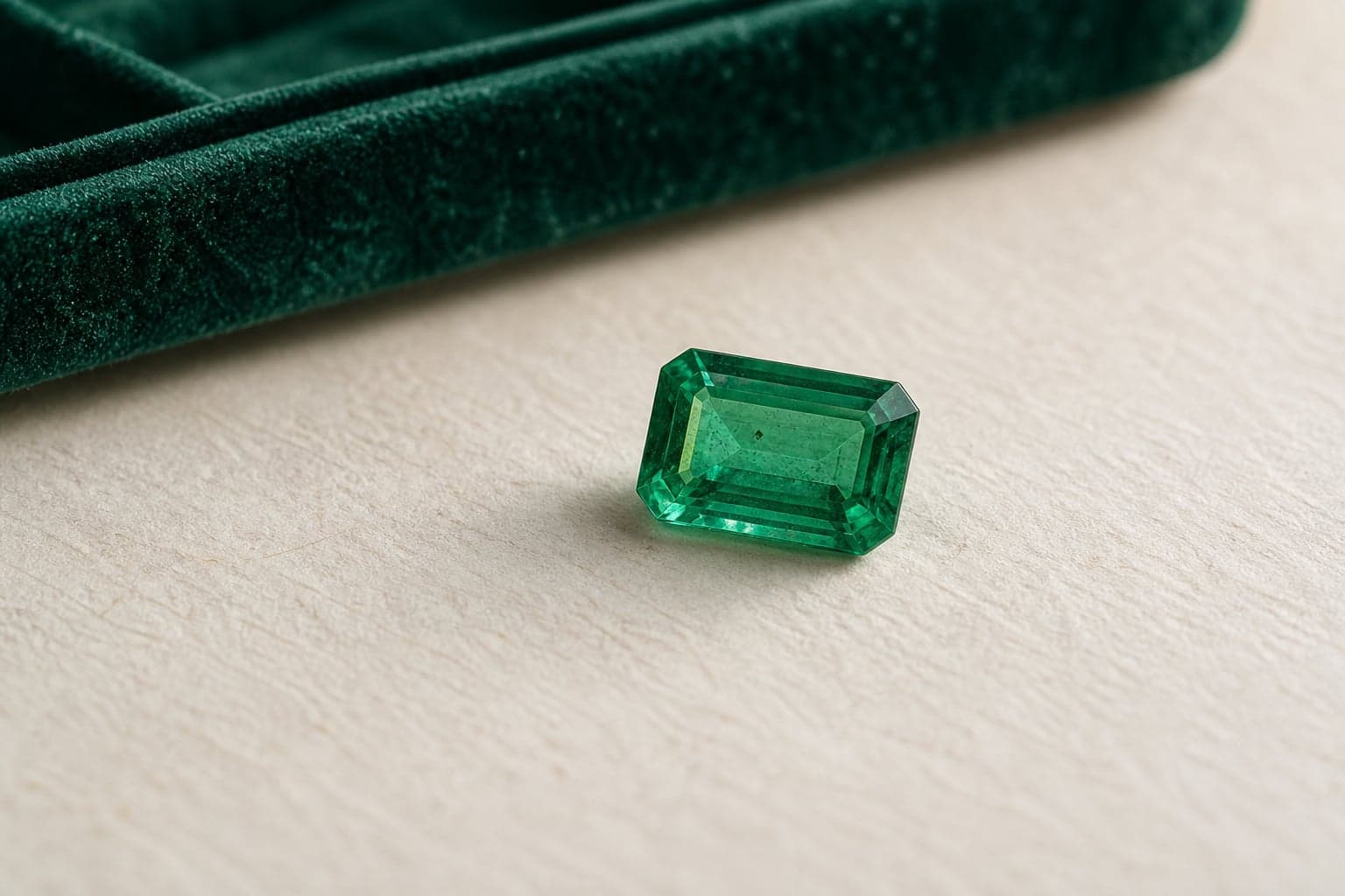 A loose step-cut green emerald resting on textured ivory gem paper