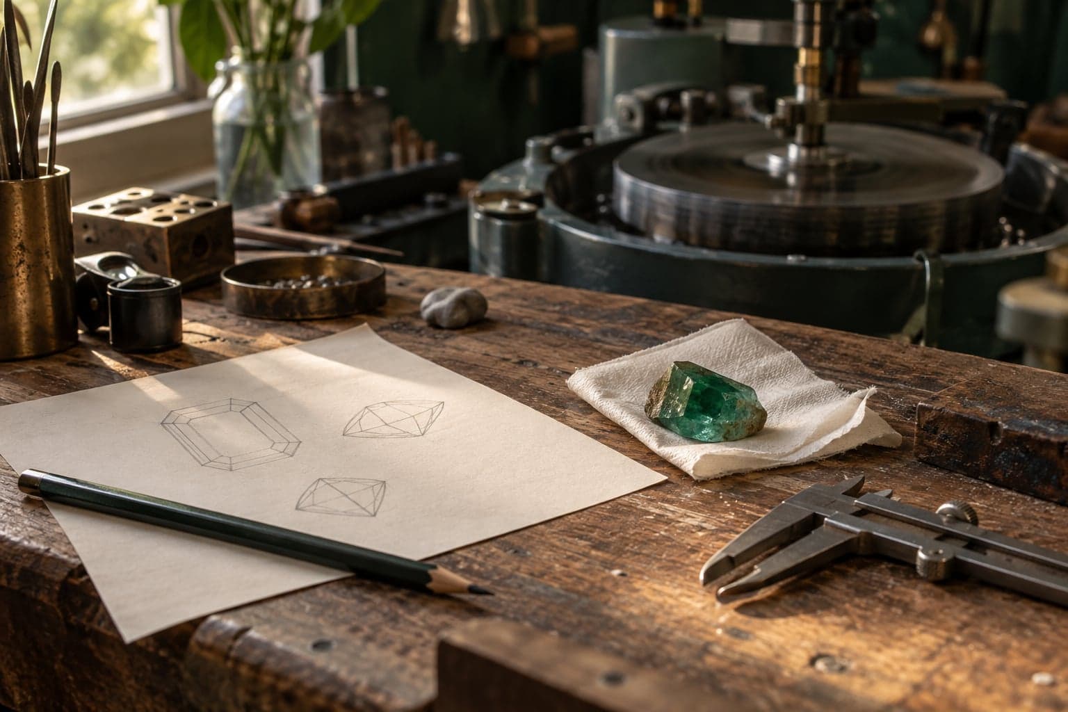 Pencil facet sketches, calipers and a rough green crystal on a wooden workbench