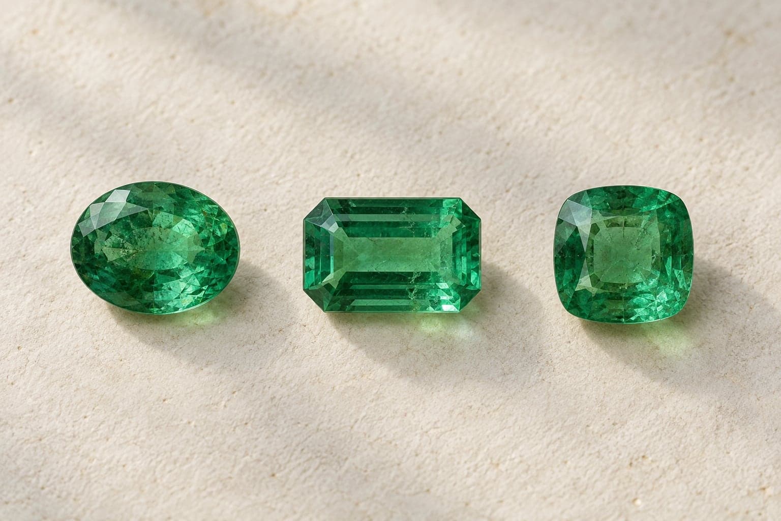 Three loose green gemstones with oval, rectangular and cushion outlines on textured ivory paper