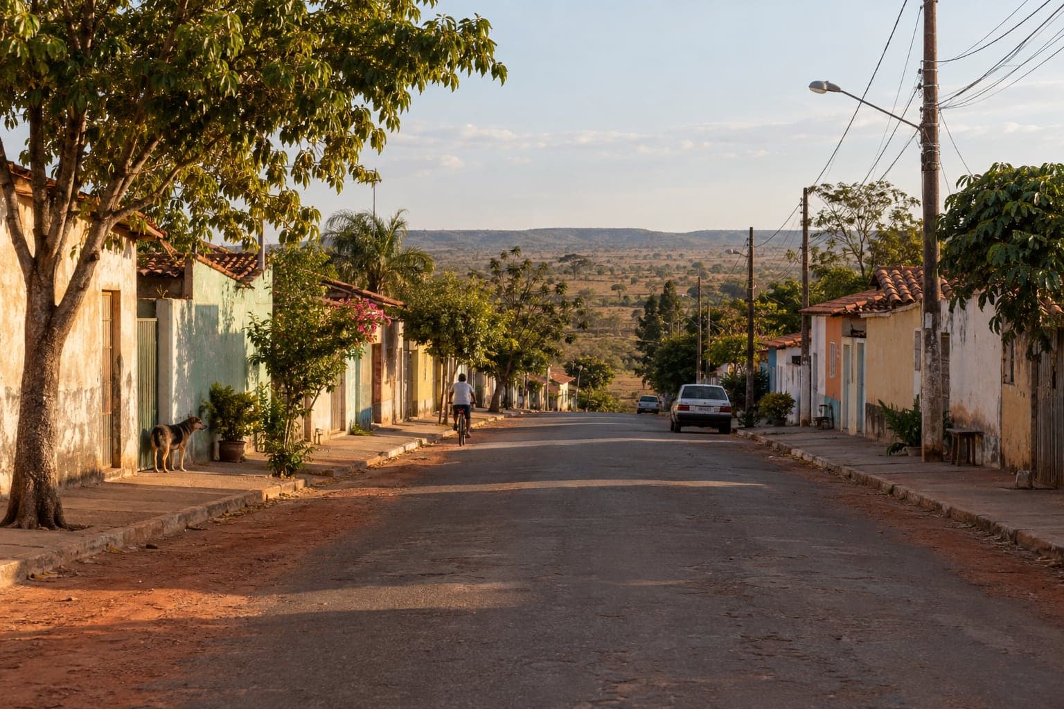 A quiet small-town street with tiled-roof houses, red earth shoulders and savannah in the distance