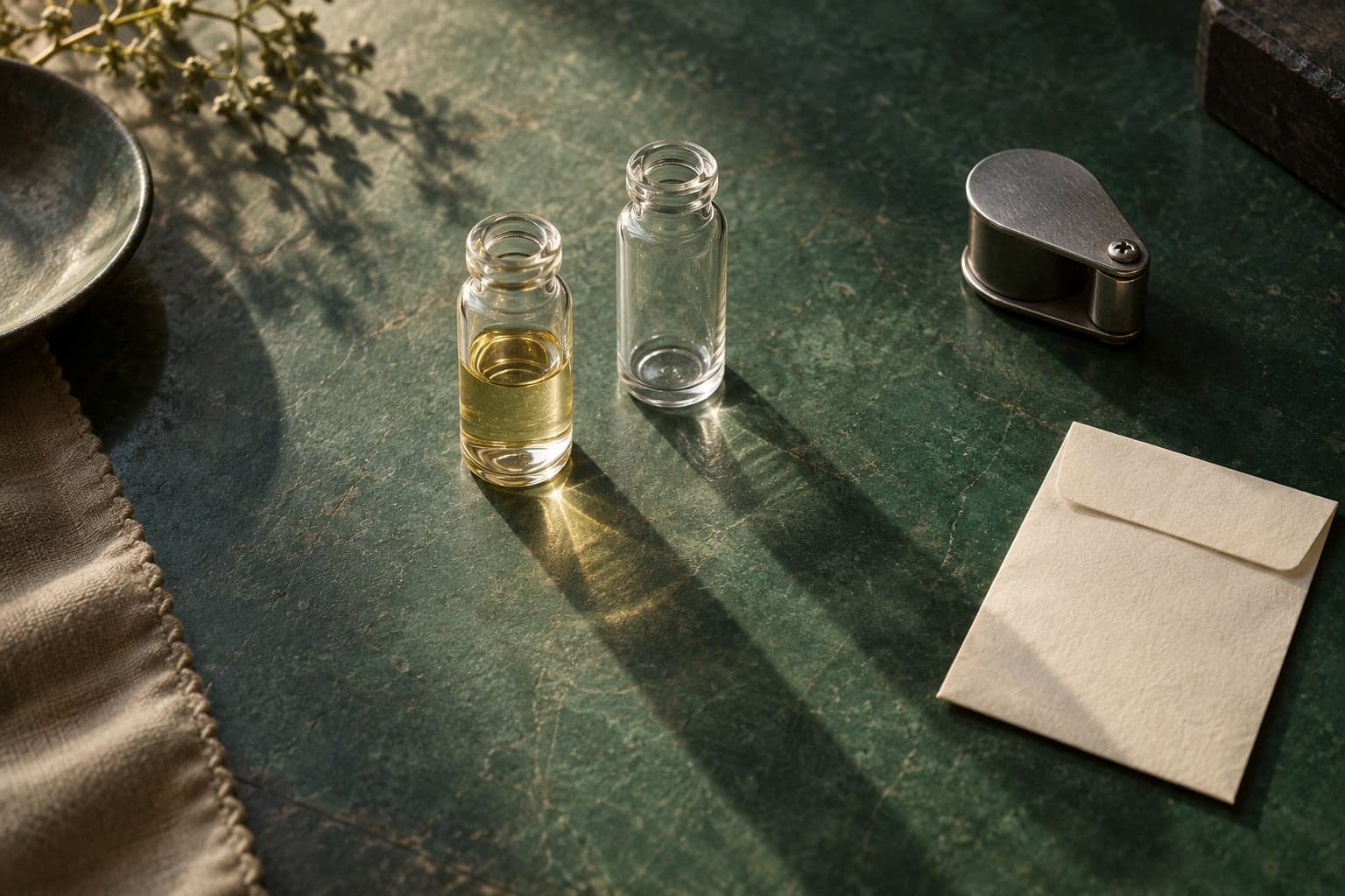 Two glass sample vials beside a folded loupe and cream envelope on a green workbench